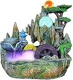 Indoor Springbrunnen Tischbrunnen Indoor Kleiner Steingarten Desktop Mountain Cascading Wasserfälle mit Pavillon Wasserrad Rolling Ball für Feng Shui Glücksdekoration Geschenk Home Desktop O