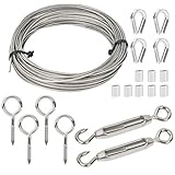15M Drahtseil Edelstahl Set Rankhilfe Drahtseil - PVC-ummantelt 304-Edelstahl Stahlseil mit Spannschloss Stahlseil Spannseil M5 Haken Öse und Ösenschraube S