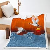 Fleece Wohndecke Red, Animal White Crane, Waves 150*200cm 3D Bedruckt Decke Flanell Fleecedecke warme Überwurf Decke für Kinder und Erwachsene für Sofa, Wohnzimmer, S