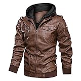 Uusollecy Herren Lederjacke Abnehmbarer Kapuze Hooded Leather Jacket Mit Kapuze Braun M