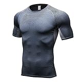 Kompressionsshirt Herren Sommer Klassisch Basic Rundhals Einfarbig Spleißen Herren Funktionsshirt Mode Kariert Slim Fit Kurzarm Wicking Breathable Shirt E-Black Grey1 M