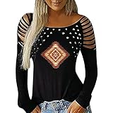 Yowablo T-Shirt Frauen Hot Strass Hohl Retro Druck Casual Hohl Langarm Top Pullover ( L,4schwarz )