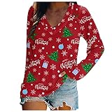 Weihnachten Sweatshirt Damen Pullover V-Ausschnitt Langarmshirt Weihnachtsbaum Bedrucktes Weihnachtspullover Oberteil Tops Herbst Freizeit T-Shirts Bluse Casual Lose Christmas Pulli Ob