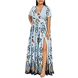 CCOOfhhc Long Sommerkleider Große Größen Maxikleid Lässiges Strandkleider V Ausschnitt Ärmellos Rückenfrei Abendkleider Sommer Blumen Lang Elegant Kleider Kurzarm Partyk