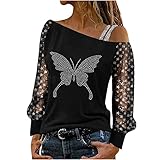 Pullover Damen Teenager Mädchen Schulterfrei Oberteile Sexy Glitzer Langarmshirt Casual Mode Langarm Shirt Bluse Tops Tunika Elegant Druck Sweatshirt Jumper Herbst Winter Spitze Streetwear L