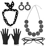 HOWAF 50er Jahre Rockabilly Kostüm Accessoires Damen 1950s Zubehör Set Inklusive Polka Dots Bandana Haarband Ohrringe Halskette Handschuhe Katzenaugen Brille, Schw