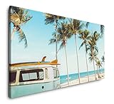 Paul Sinus Art Vintage Auto auf einem tropischem Strand 120x 60cm Panorama Leinwand Bild XXL Format Wandbilder Wohnzimmer Wohnung Deko Kunstdruck