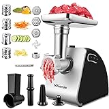 Fleischwolf Elektrisch Gemüseschneider,2000W Multi Küchenmaschine Gemüsehobel Wurstmaschine mit 3 Lochscheiben, 4 Kegel-Klingen, Wurstfüller und Gebäck