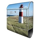 banjado® Design Briefkasten personalisiert mit Motiv Leuchtturm 39x47x14cm & 2 Schlüssel - Briefkasten Stahl silber mit Zeitungsfach pulverbeschichtet - Postkasten A4 Einwurf inkl. Montag