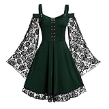 Trompetenärmel Hexe Kleid Damen Gothic Halloween Kleid Ausgestellte Ärmel Spitze Schnürkleid Hexe Cosplay Kostüm Schulterfrei Asymmetrisch Vintage Mittelalter Kleid arty Karneval Fasching Kostü