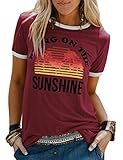 Dresswel Damen Bring On The Sunshine T Shirt Kurzarm Rundhals Regenbogen Top T-Shirt Sommer Oberteile Oben, Weinrot, M