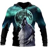 Wolf and Moon 3D Full Print Unisex Luxus Hoodie Herren Sweatshirt Streetwear Zipper Pullover, Kapuzenpullover mit Reißverschluss., XXXXX-Larg