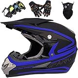 KILCVEM Motorradhelm Kinder Motocross Helm Set Fahrradhelm Unisex Fullface Cross Helm Downhill Quad Enduro ATV Mountainbike Motorrad Schutzhelm - S-XL / 52-59cm,Blue-S