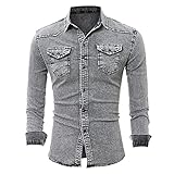 BAOQI Herren Jeanshemd Langarmshirts Herbst Winter Langarm Kent-Kragen Slim Fit Denim Shirts Hemd mit Taschen Männer Lässig Mode Freizeit Baumwolle Farbverlauf Jeansoptik T-Shirt Unterhemd Sw