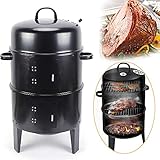 3 in 1 Holzkohle-Räucherofen mit Thermometer, Multifunktions-Holzkohle-Grill, Doppelschichtiger Fleisch-Räucher, für Outdoor, Garten, Party, Grillen, Kochen, Picknick, Camping