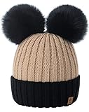 4sold Miki Farbe Damen Wintermütze Wolle Strickmütze Mit Doppelten Pom Pom Cap Ski Snowboard Bobble (Beige Black)