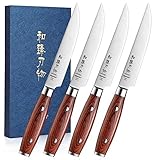 HEZHEN Steakmesser 4PC Set,12.8cm Tischmesser,Nicht Gezackte Rasierklinge Mit Scharfer Klinge,Fulltang,Edelstahl Mit Hohem Kohlenstoffgehalt, Gefärbter Holzgriff,Hohe Haltbarkeit,Mit Geschenkbox