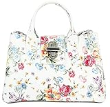 Bellissimo BELLI Echt Leder Handtasche italienische Damen Ledertasche Umhängetasche Henkeltasche in weiß mit Blumenmuster - 36x25x18 cm (B x H x T)