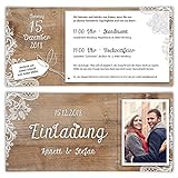 30 x Hochzeitseinladungen individuell mit Ihrem Text und Foto mit echtem Abriss als DIN Lang Ticket 99 x 210 mm - Rustikal mit weißer Sp