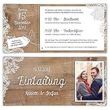 30 x Hochzeitseinladungen individuell mit Ihrem Text und Foto mit echtem Abriss als DIN Lang Ticket 99 x 210 mm - Rustikal mit weißer Sp