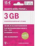 Telekom MagentaMobil Prepaid L SIM-Karte ohne Vertragsbindung I inkl. 3 GB & Flat (Min, SMS) ins Telekom Mobilfunknetz, mit EU-Roaming I Surfen mit LTE Max & HotSpot Flat I inkl. 15EUR Startguthab