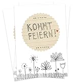 50 Einladungskarten - Kommt feiern! - Weiß Grau Beige mit Blumenwiese, vielseitige Einladungen für deine Hochzeit, Geburtstag, Jubiläum auf Recyclingpap