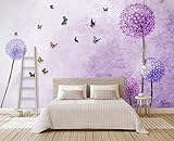 Fototapete 3d Effekt Tapeten Lila Löwenzahn-Schmetterling Tapete Wandtapete Wand Dekoration Schlafzimmer Wohnzimmer Wandbilder Wallpaper Wanddeko 200x140