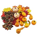 166pcs Thanksgiving Dekoration Set Künstliche Kürbisse Set Herbst Mini Kürbis Tannenzapfen Blätter Eicheln Beeren Dekorationsset Für Halloween, Thanksgiving Dekorationen, Herbst Hochzeitsdek