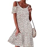 zlw-shop Sommerkleid Womens aus der Schulter Tunika-Hemdkleider Kurzarm-Rüschen Midi-Skater-Kleid Boho Maxikleid (Color : White, Size : Large)