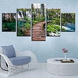 Leinwandbilder Xxl 5 Teilig Wasserfall grüner Wald und Brücke Wandbild 5 Teilig 200X100Cm Wandbild Leinwand Mehrteilige Bilder Für Wohnzimmer Schlafzimmer Dekoration Moderne Druckbilder Mit R