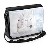 Laptop-Umhängetasche, Motiv: weißer Wolf und Frau, Fantasy-Kunst, Messenger Bag