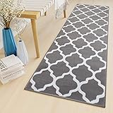 TAPISO Luxury Läufer Teppich Meterware Flur Kurzflor Brücke Modern Grau Weiß Geometrisch Marokkanisch Gitter Schlafzimmer ÖKOTEX 80 x 200