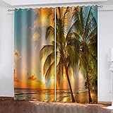 XDJQZX Gardinen Mit Ösen, Für Schlafzimmer Wohnzimmer Kinderzimmer Fensterdekoration, Vorhang Blickdicht 3D Blick Aufs Meer Am Sonnenuntergang Muster 260X240 cm 2Er Set Thermo Verdunklungsvorhäng