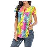 BUDAA Bedrucktes Sommer-T-Shirt mit Batikfärbung, kurzärmelig, Knopfleiste, Rundhalsausschnitt, lässige Blusen (XL-XXXXXL), gelb, XXL