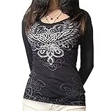 T-Shirt Grunge Schwarz Printed Crop Top Strick Gothic E Girl Streetwear T-Shirt, Frauen Langarm Bodycon Shirts Grafik Print Crop Top Y2k Grunge Kleidung Ästhetische Retro T-Tops Herbst (M)