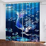 YTSDBB Blickdicht Gardinen für Schlafzimmer Blaue Meerjungfrau B 234 x H 230 cm 3D Digitaldruck Druckmuster Öse Thermisch isoliert 90% für Schlafzimmer Wohnzimmer ​Kinderzimmer Junge mit M