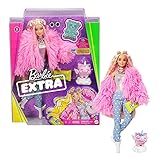 Barbie GRN28 - Extra Puppe #3, flauschiger pinker Mantel mit Einhorn-Schweinchen, extra-lange wellige Haare, mehrschichtigem Outfit & Accessoires, bewegliche Gelenke, Geschenk für Kinder ab 3 J