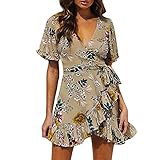 ASHOP Abendkleid / Cocktailkleid / Strandkleid für Damen Elegant Mode Frauen Kurzarm Strand Volants V-Ausschnitt Floral Print Mini Kleid, kaki, M