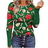 WANGTIANXUE Damen Weihnachts Sweatshirt Langarmshirt Spitzen-Patchwork-Manschette Rundhals Knöpfe Langarm Pullover Oberteile Weihnachten Gedruckt Bluse Slim Tunika Tops Festliche T-S