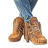 Onsoyours Damen Herbst Winter Flache Wildleder Retro Stiefeletten mit Fransen Casual Short Ankle Boots Schuhe Braun 39 EU