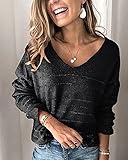 Efair Pullover Damen Strickpullover V-Ausschnitt Streifen Sweatshirt Langarmshirt Pullover Schulterfrei Oversize Strickpulli Casual Oberteile Top