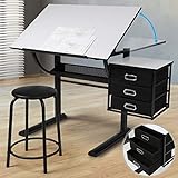 MIADOMODO® Zeichentisch mit Hocker - Tischplatte stufenlos neigbar, höhenverstellbarer, inkl. Schrank mit 3 Schubladen, Weiß Schwarz - Schreibtisch, Bürotisch, Arbeitstisch, Architek