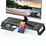 Monitorständer für Schreibtisch RGB Gaming Leuchten mit 4 USB 3.0, TopMate Faltbarer Computer Bildschirm Riser mit Schublade + Handyhalter, Organizer Laptop Monitor Ständer für PC/Laptop/iMac-Schw