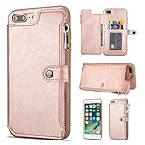 Shinyzone Hülle für iPhone 8 Plus/iPhone 7 Plus Hülle,Reißverschluss Brieftasche mit Kreditkarteninhaber und Geldtasche Magnetverschluss Standfunktion Leder Flip Back Schutzhülle-Roség