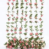 Künstliche Rosenrebe Blumen mit grünen Blättern, 8 Stück 66FT hängende gefälschte Blumengirlande, Rosenrebe für Home Hotel Büro Hochzeitsfeier Garten Handwerk Wanddekoration (Pink)