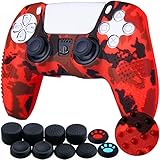 YoRHa Studded Drucken Silikon Hülle Abdeckungs Haut Kasten für PS5 Dualsense Controller x 1 (Rot) Mit Pro aufsätze thumb grips x 10