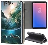 KUMO Hülle für Samsung Galaxy S5 / S5 Neo Handyhülle Design 1272 Schildkröte Meer Blau aus Kunstleder Schutzhülle Smart Cover Klapphülle Handy Case Hülle für Samsung Galaxy S5 / S5 N