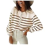 FAKYCCC Damen Cause Button Rundhals Streifen Strick Sweater Lose Sweater Cardigan Pullover Pullover Tops, beige, S