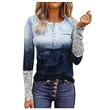 Azruma Damen Langarmshirt mit Spitze Spleißen Ärmel Shirt Henley Shirt V Neck Button Tops Slim fit Tunika Basic Oberteile elegant Langarmhemd Mode Pullover Sporthemden Jumpers Sweatshirt B