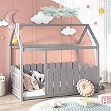 Bufccy Grau Holz Kinderhaus Bett Massivholz Baumhaus Bettgestell für Kinder Kleinkinder Teen 80x160